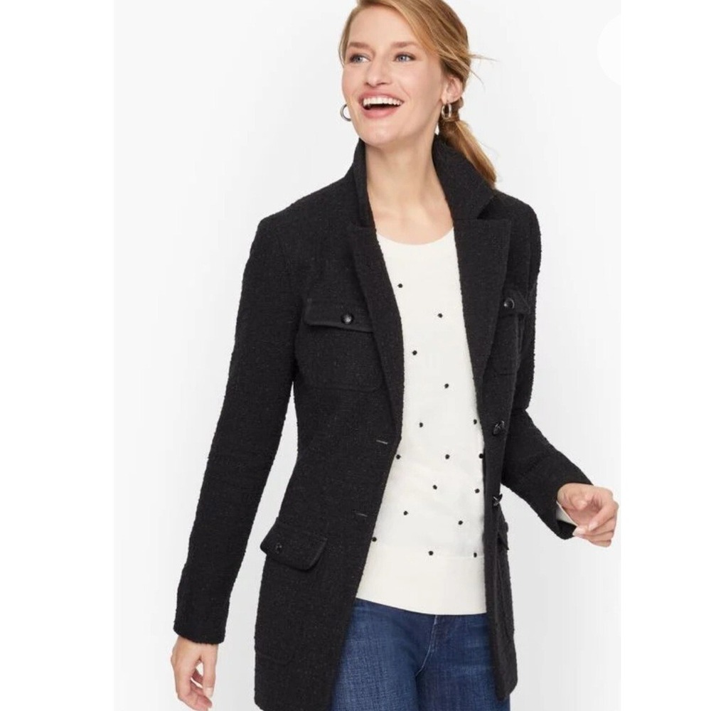 Talbots Tweed Peacoat Jacket Women's 12 Black Ribbon Trim Fully Lined EUC‎